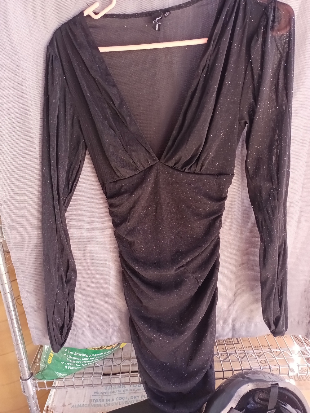 Black Sparkle V-Neck Ruched Long-Sleeve Dress